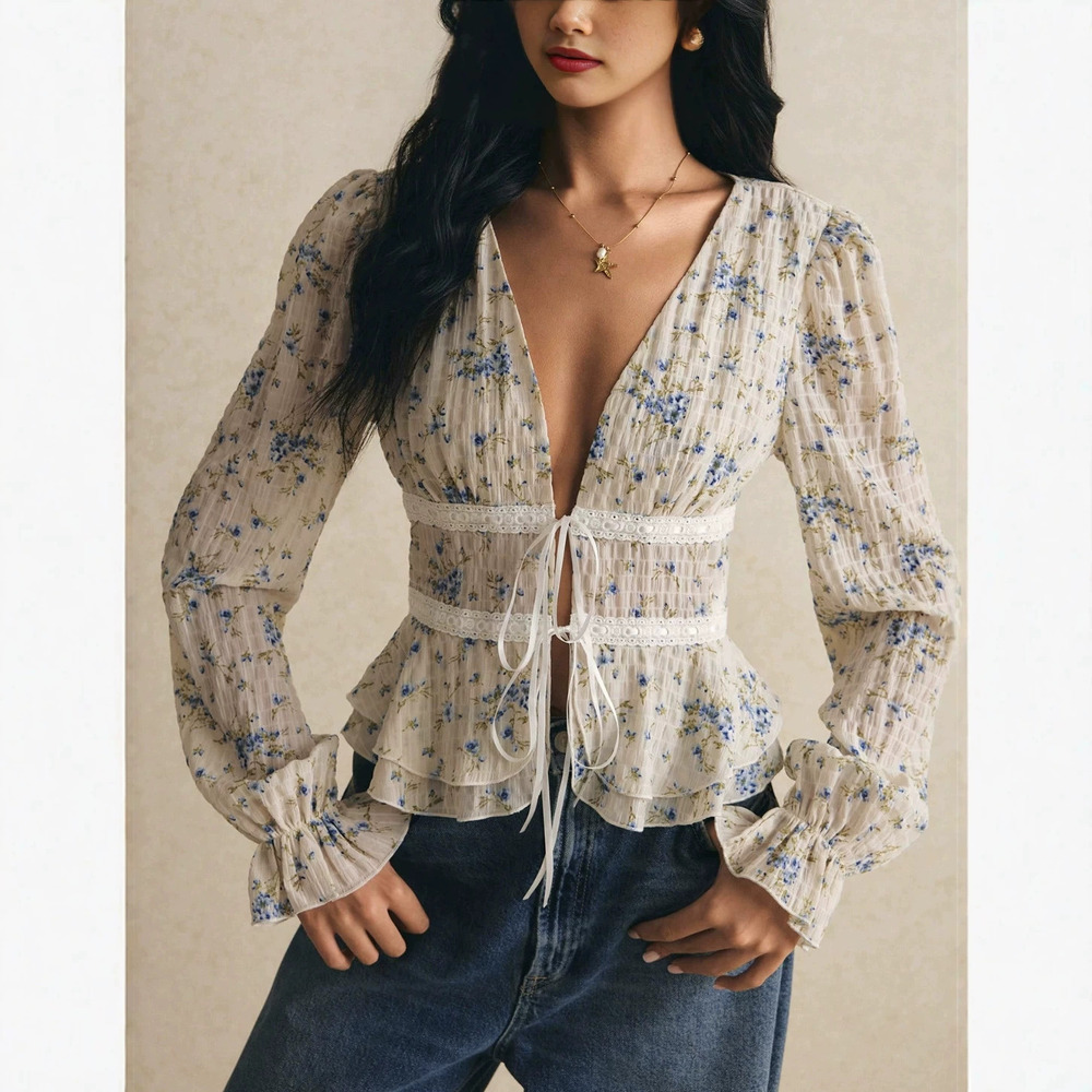 ZARA Lace Trim Floral Collar Tie Waist Slim Fit Long Sleeve Cardigan Autumn